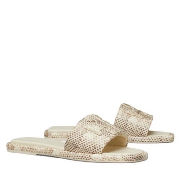 Tory Burch Shoes - Tory Burch Double T Leather Snake Embossed Smoke Roccia Slides